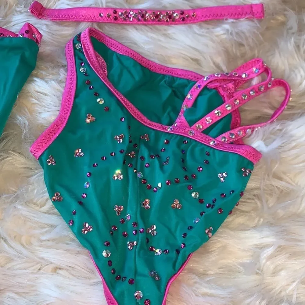 Custom Teal Pink Swarovski Crystal Feather Dance Costume Arm Sleeves